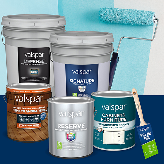 Valspar paint, stain and brush including Defense, Signature, Reserve and Cabinet & Furniture. Roller paints wall light blue.