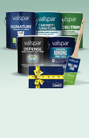 Valspar Signature, Defense, Cabinet & Furniture and Door & Trim with a brush and Lowe’s gift card in a measuring tape bow.