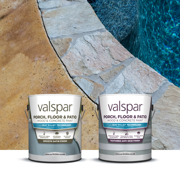 Pool with two different stone surfaces. Two cans of Valspar Porch, Floor & Patio with Heat Relief Technology in foreground.